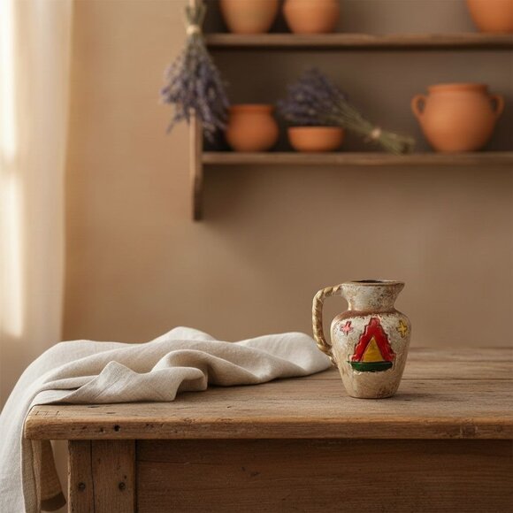 Hand-Painted Vintage Ceramic Pitcher With Vibrant Tribal Design - Picture 2 of 7